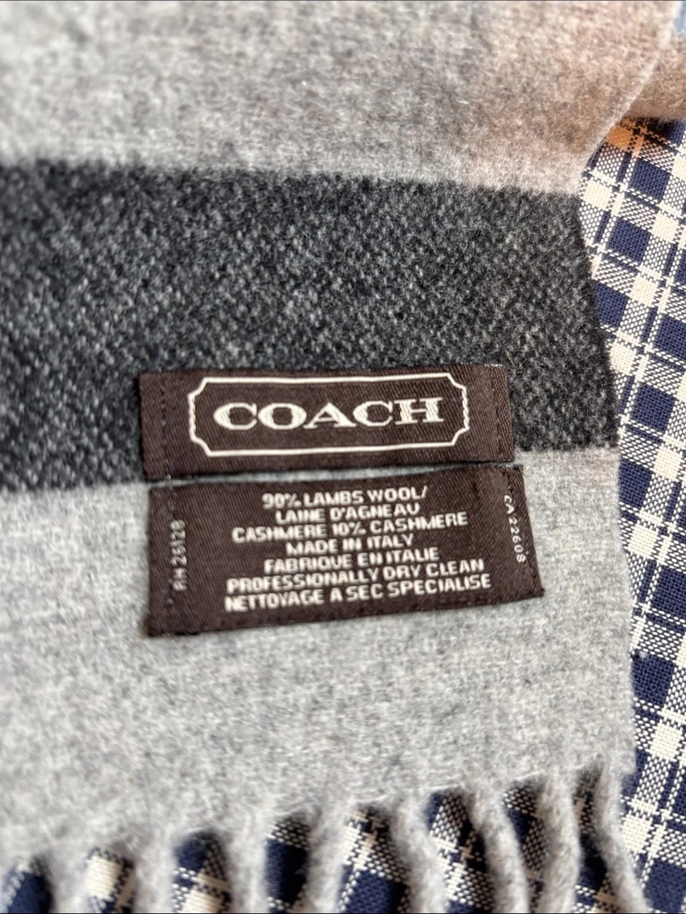 Coach Striped Wool cashmereBlend Scarf in Gray, Blue and Black